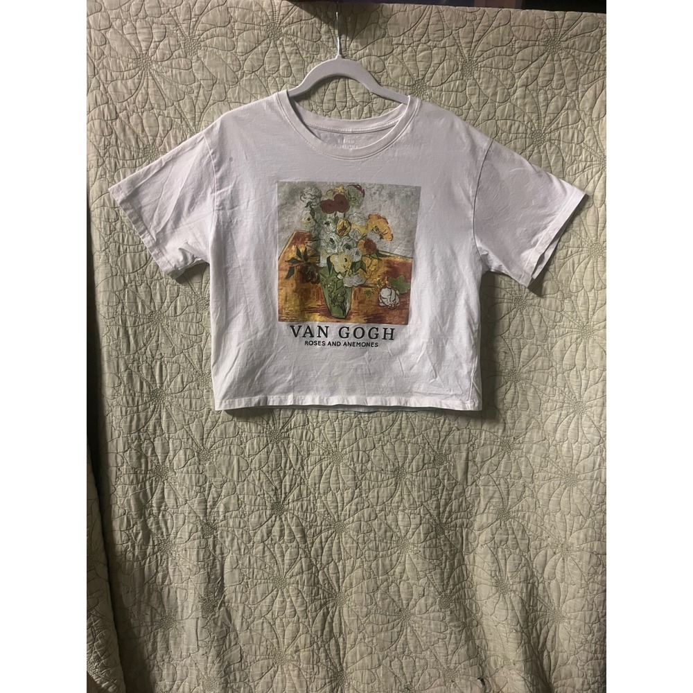 Organic Generation Artsy Van Gogh Roses and Anemones White Crop Graphic Tee XL